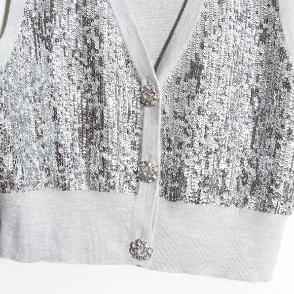J. Crew Merino Wool V-Neck Sweater-Vest Silver Sequin Gray Embellished Sz Medium - Picture 8 of 14